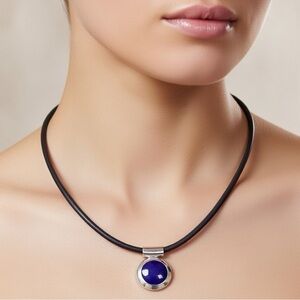 Lapis Lazuli Round Pendant Sterling Silver Cord  necklace